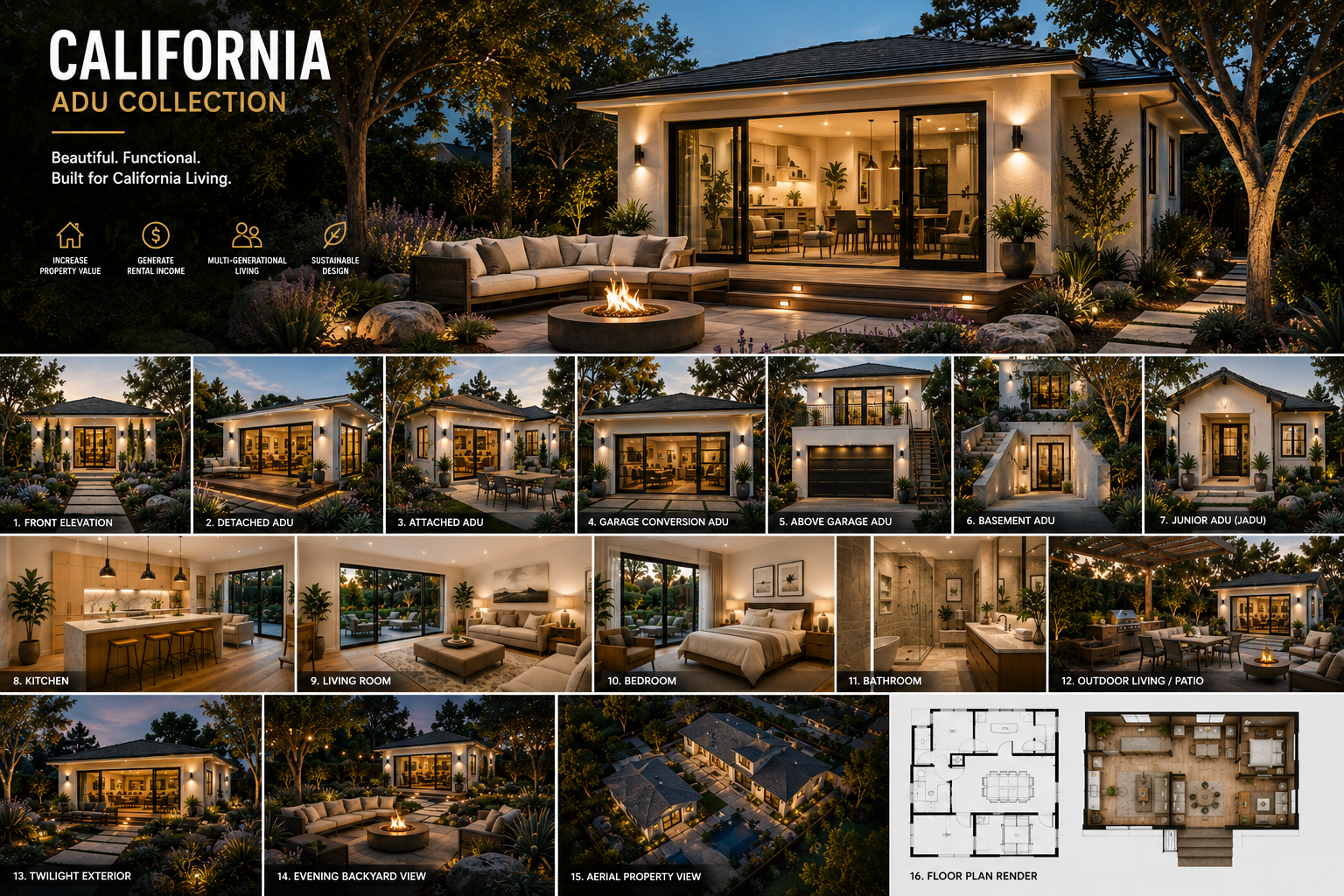 California ADU Collection showing hero ADU exterior, ADU types, interiors, outdoor living, aerial property view, and floor plan