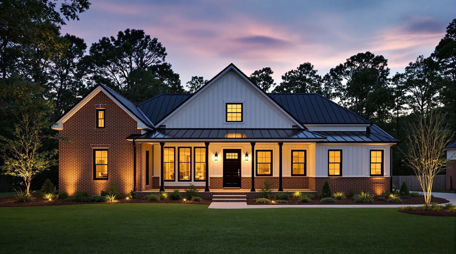 Alabama ADU exterior at twilight, warm interior light glowing