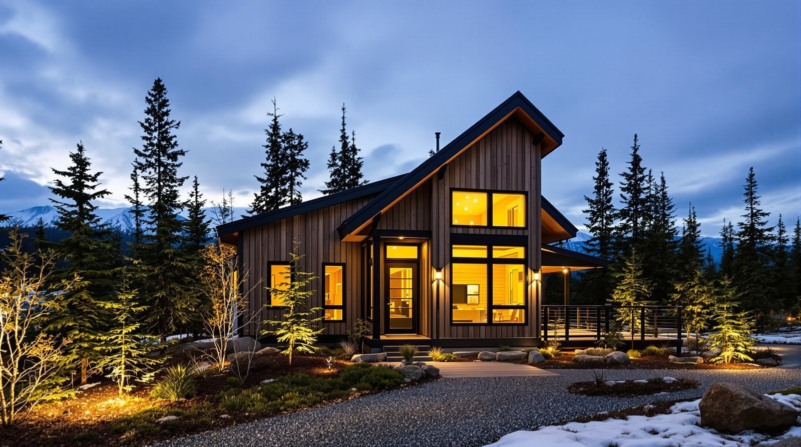 Alaska ADU exterior at twilight, warm interior light glowing
