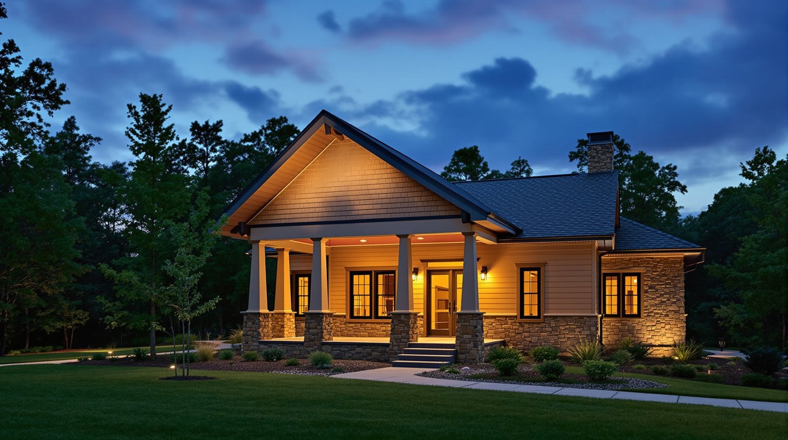 Arkansas ADU exterior at twilight, warm interior light glowing