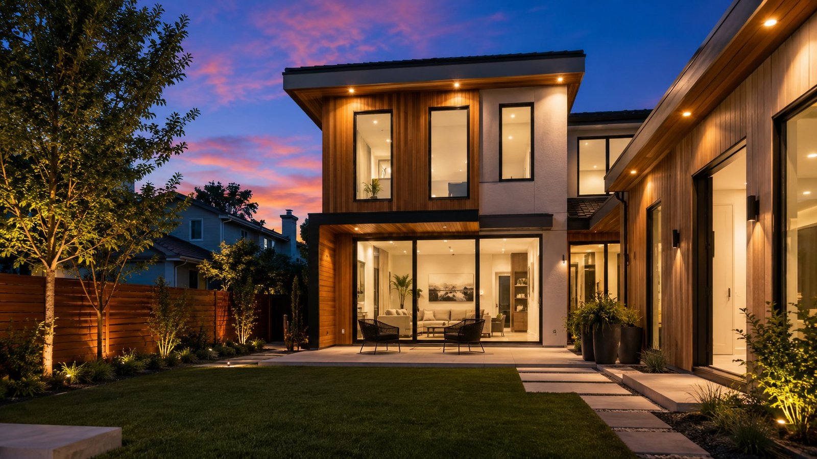 Modern two-story attached ADU addition with wood siding and large windows at sunset