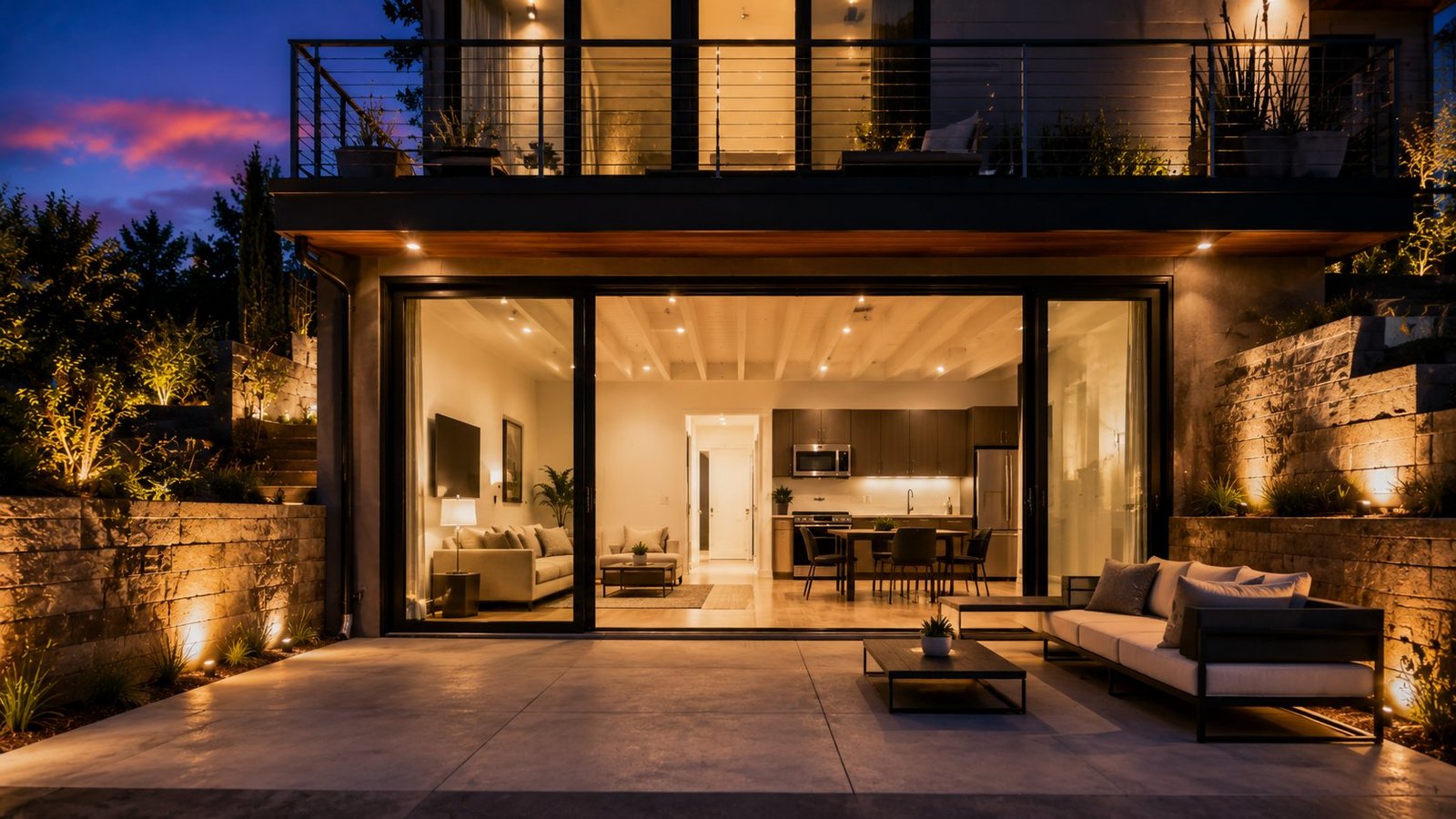 Finished basement ADU with walk-out patio, living room, and kitchen at dusk
