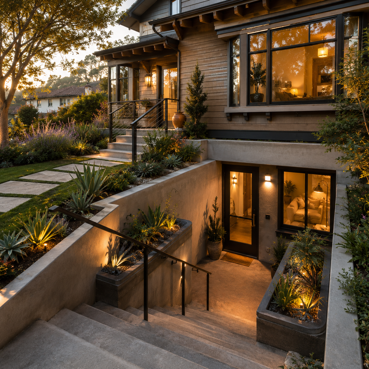 California Basement ADU walkout entrance at golden hour