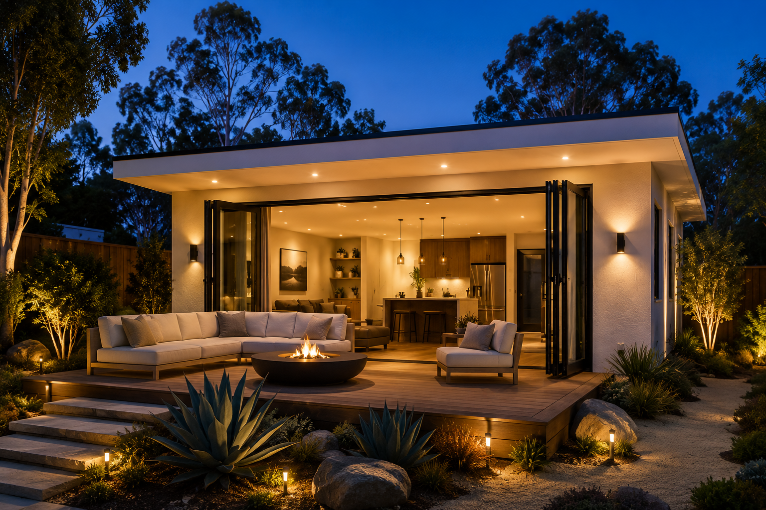California Detached ADU at twilight with fire pit and bifold doors
