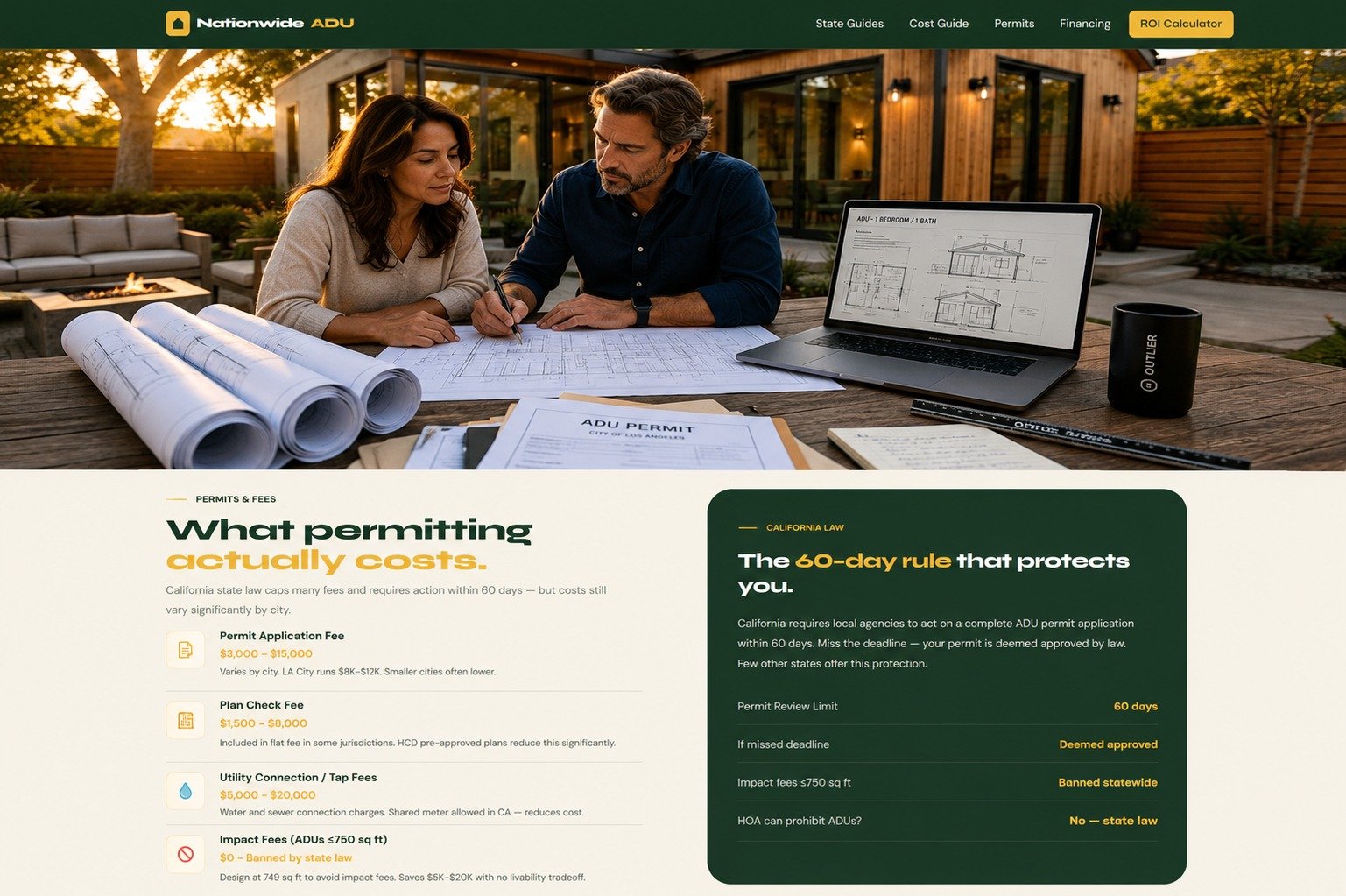California homeowners reviewing ADU plans and permit documents with an architect