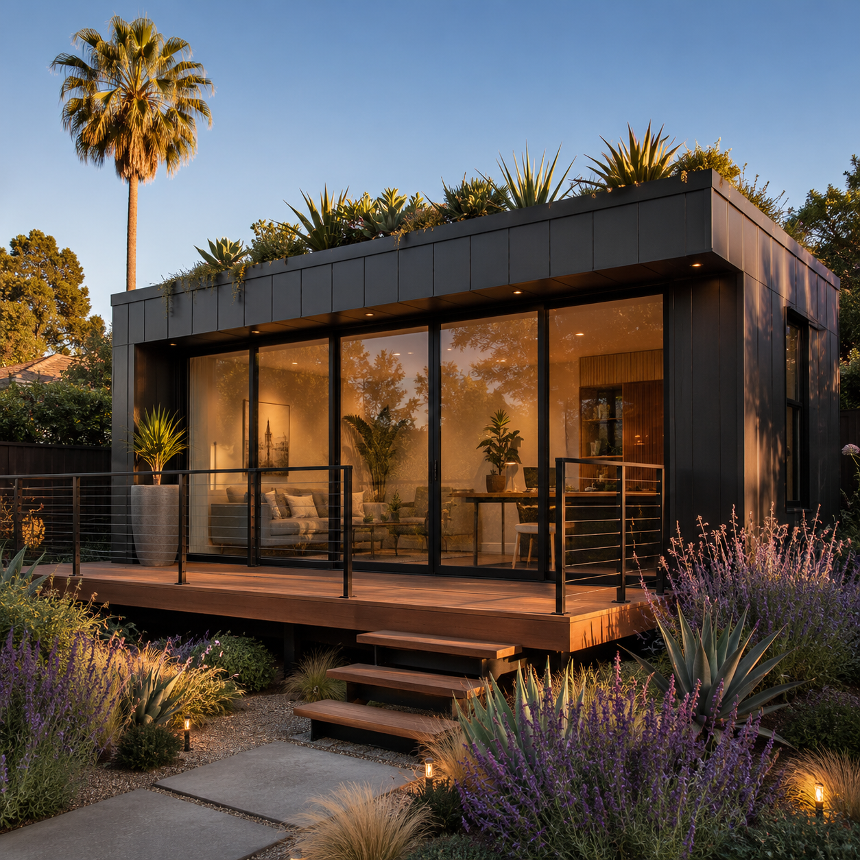 California Prefab Modular ADU dark charcoal with rooftop garden