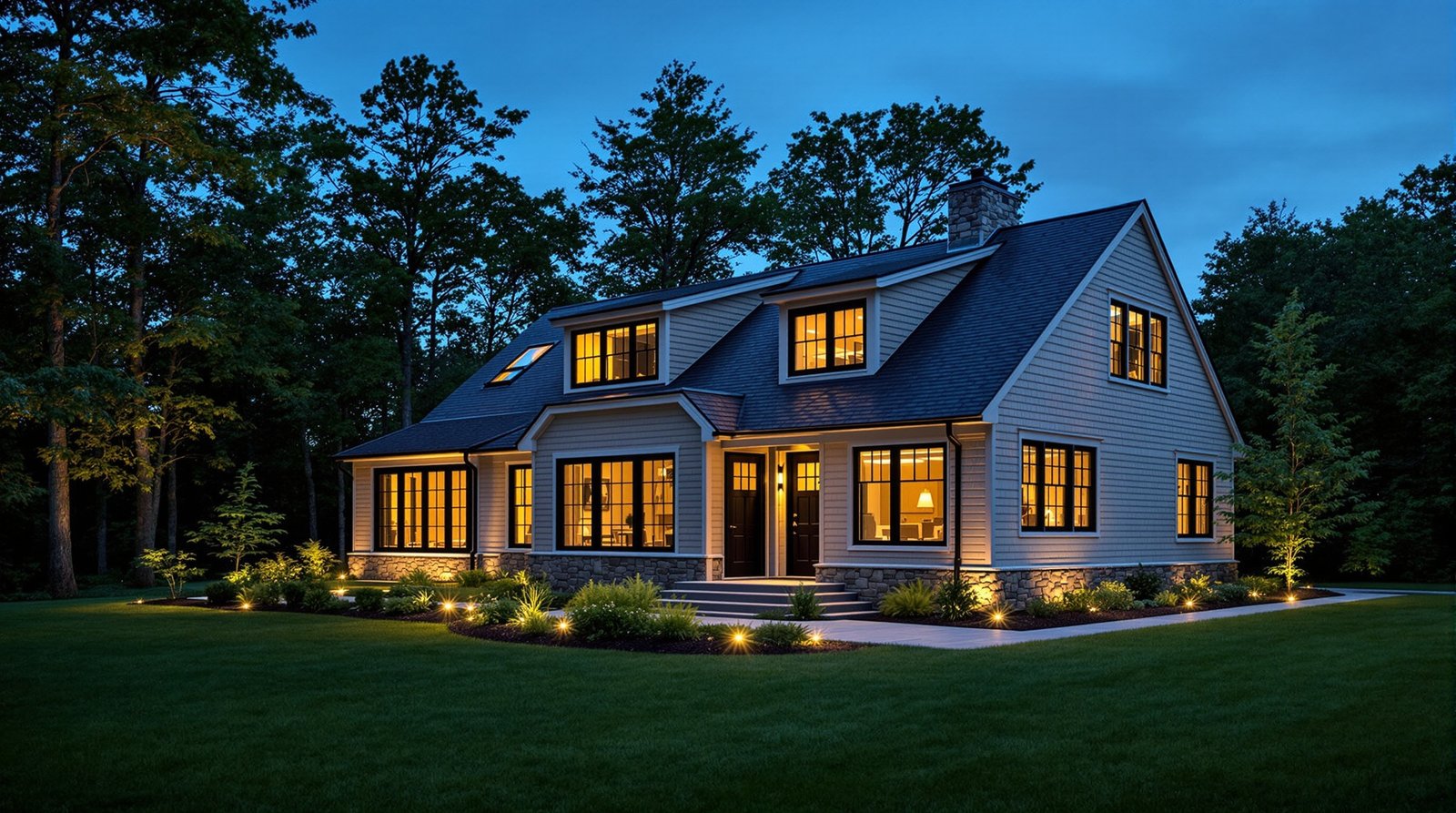 Connecticut ADU exterior at twilight, warm interior light glowing