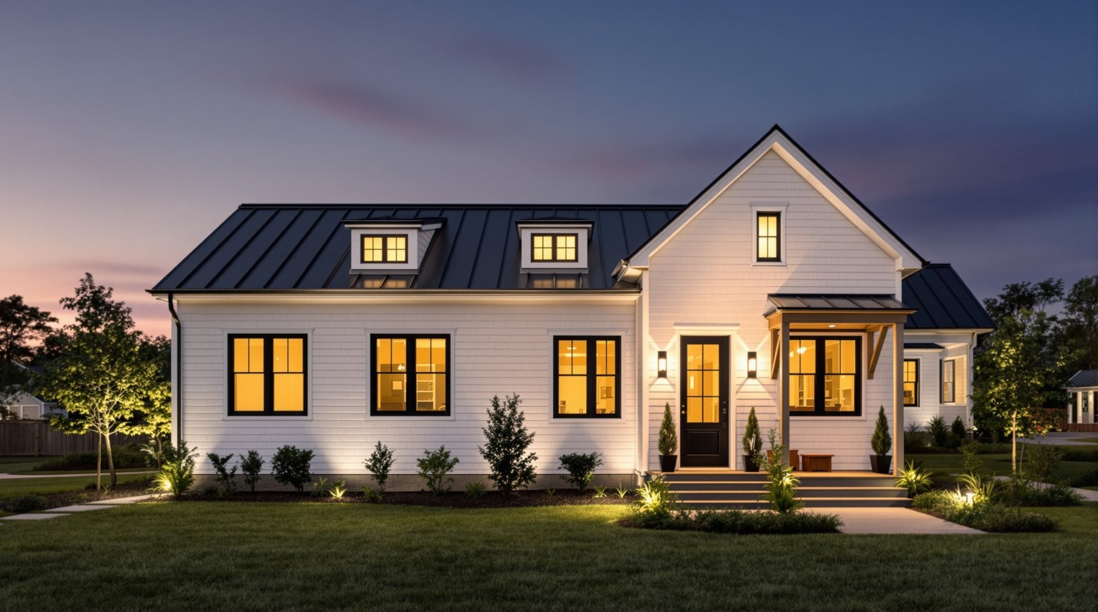 Delaware ADU exterior at twilight, warm interior light glowing