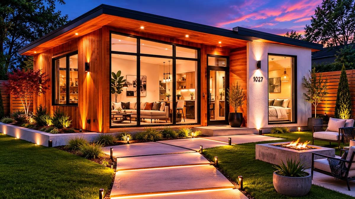 Modern detached ADU backyard cottage with cedar siding and warm interior lighting at dusk