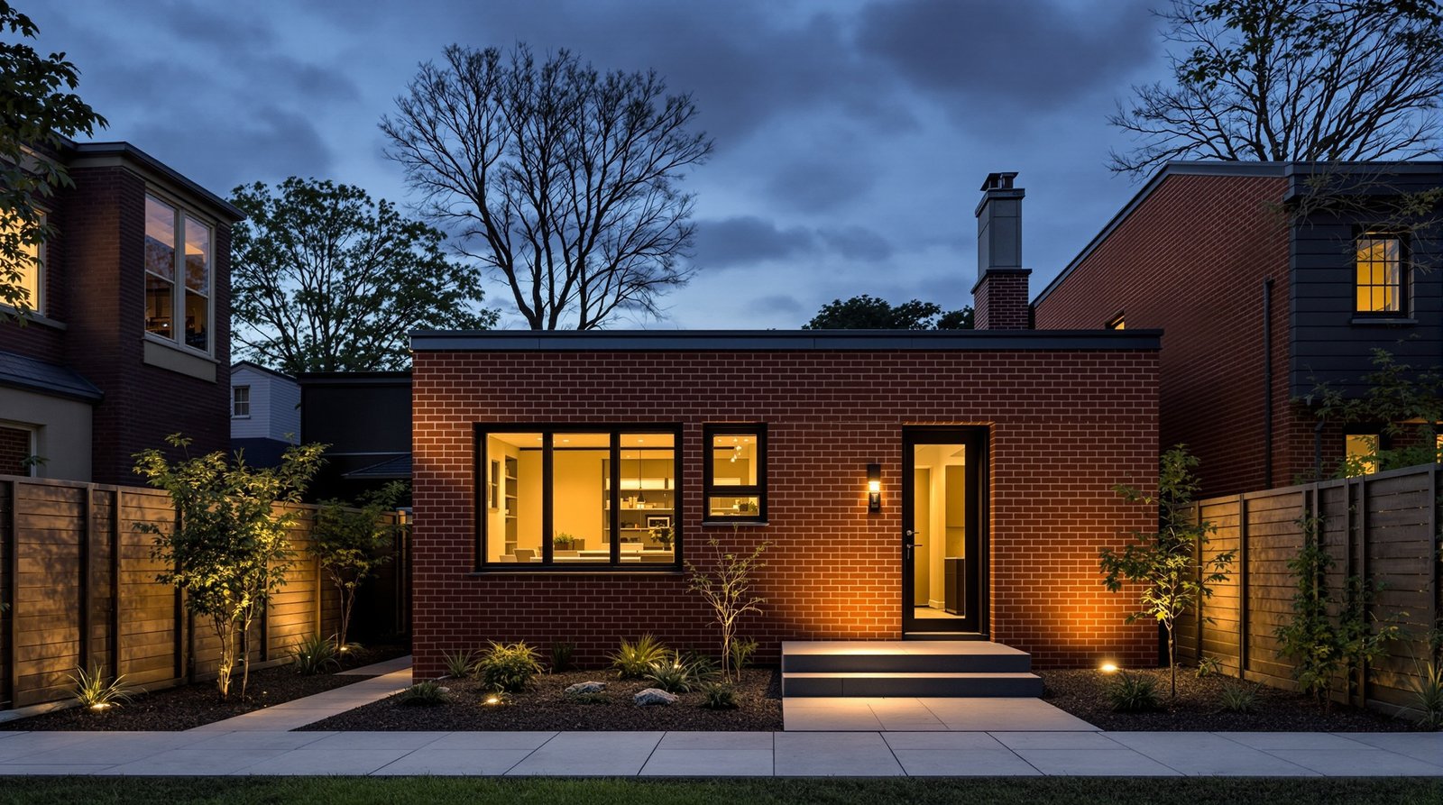 Washington, DC ADU exterior at twilight, warm interior light glowing
