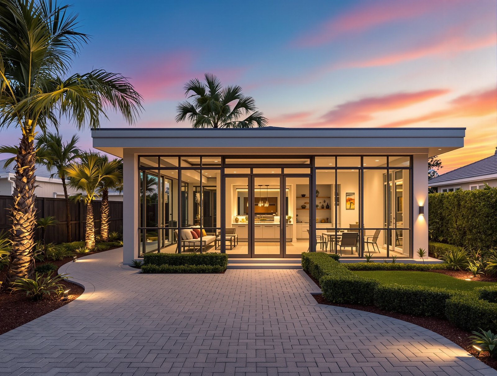 Florida ADU and main house evening backyard view