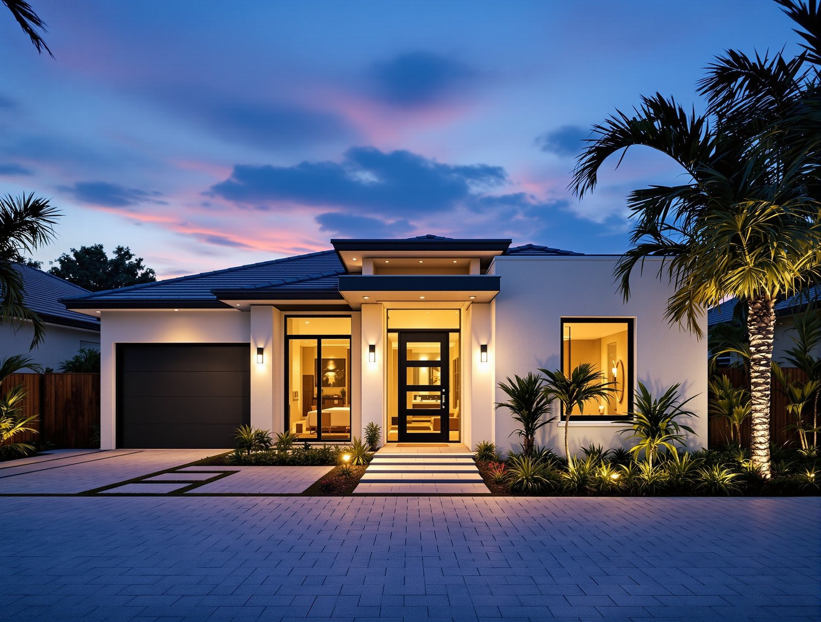 Florida ADU exterior at twilight, warm interior light glowing