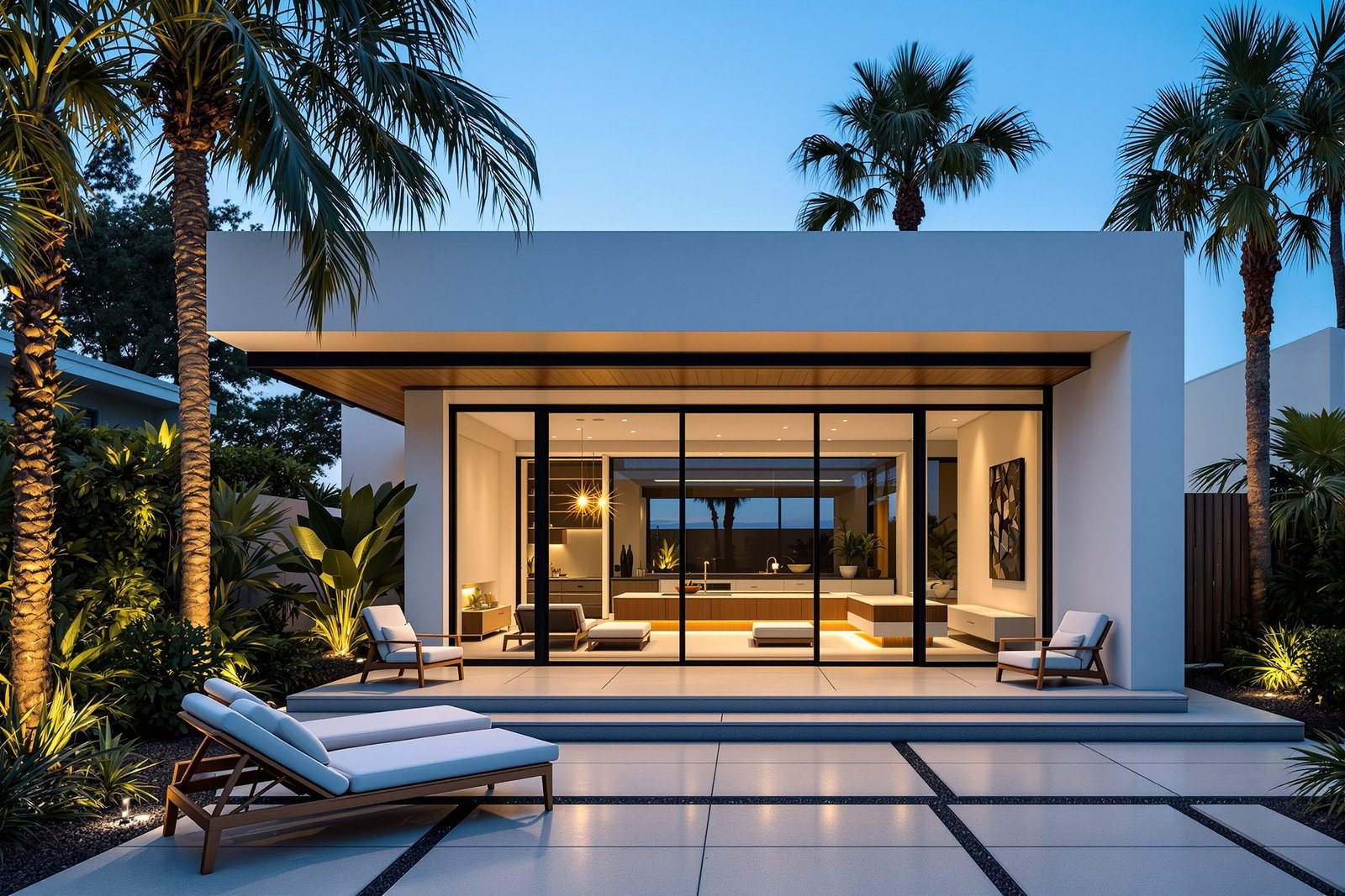 Compact detached ADU exterior with tropical landscaping