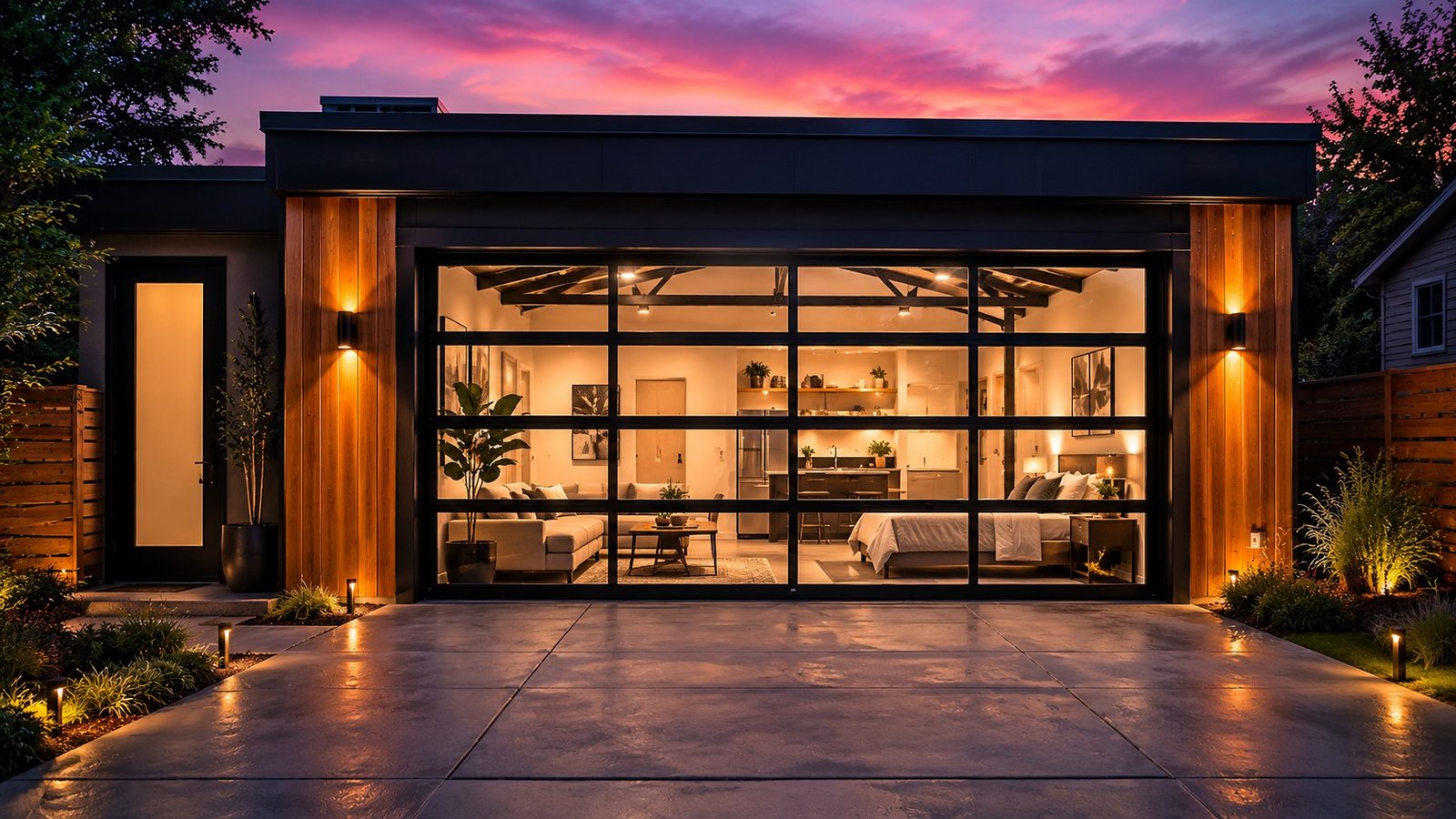 Garage converted to a fully furnished ADU living space with glass door at sunset