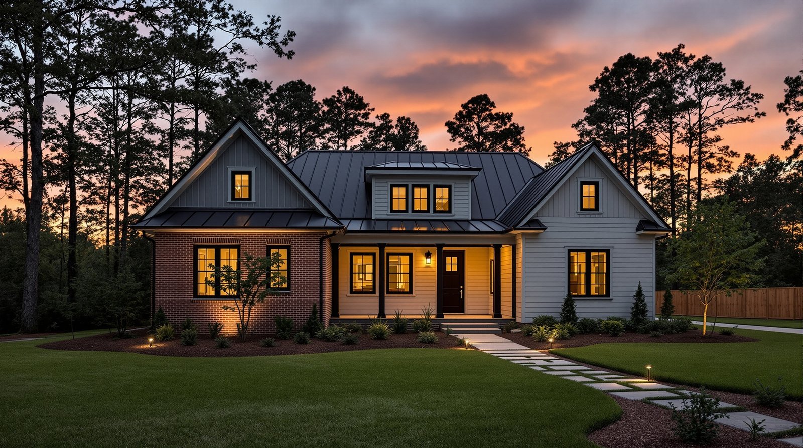 Georgia ADU exterior at twilight, warm interior light glowing