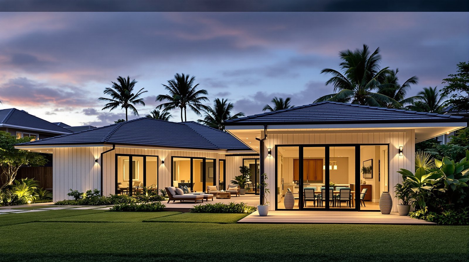 Hawaii ADU and main house evening backyard view