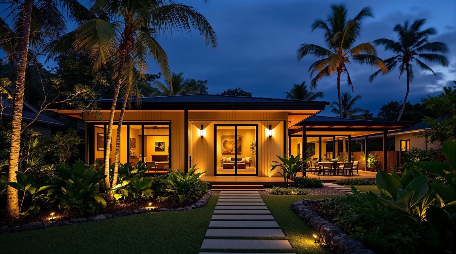 Hawaii ADU exterior at twilight, warm interior light glowing