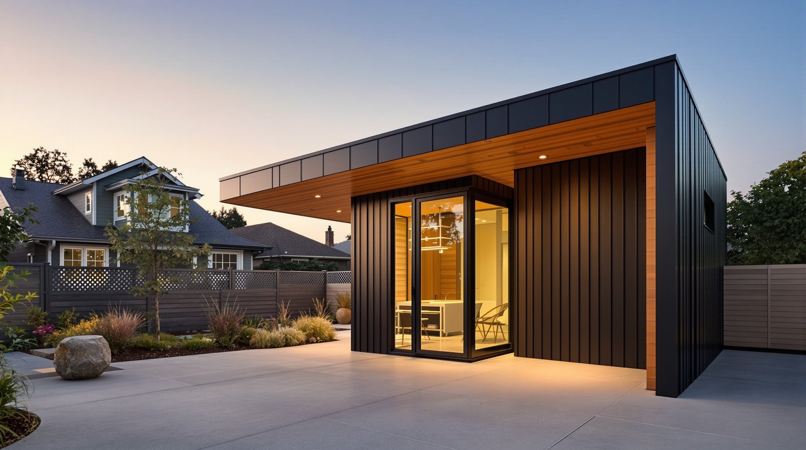 A modern backyard ADU cottage at golden hour, representative of homes across the United States