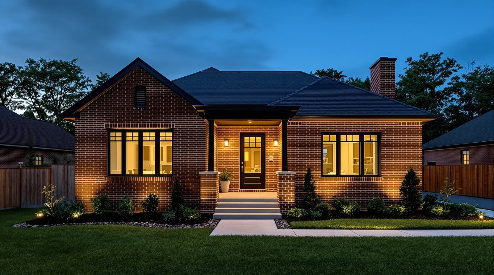 Illinois ADU exterior at twilight, warm interior light glowing