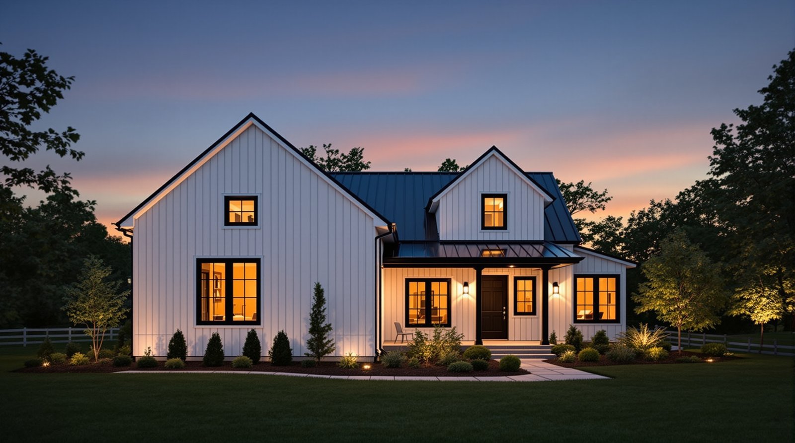 Indiana ADU exterior at twilight, warm interior light glowing