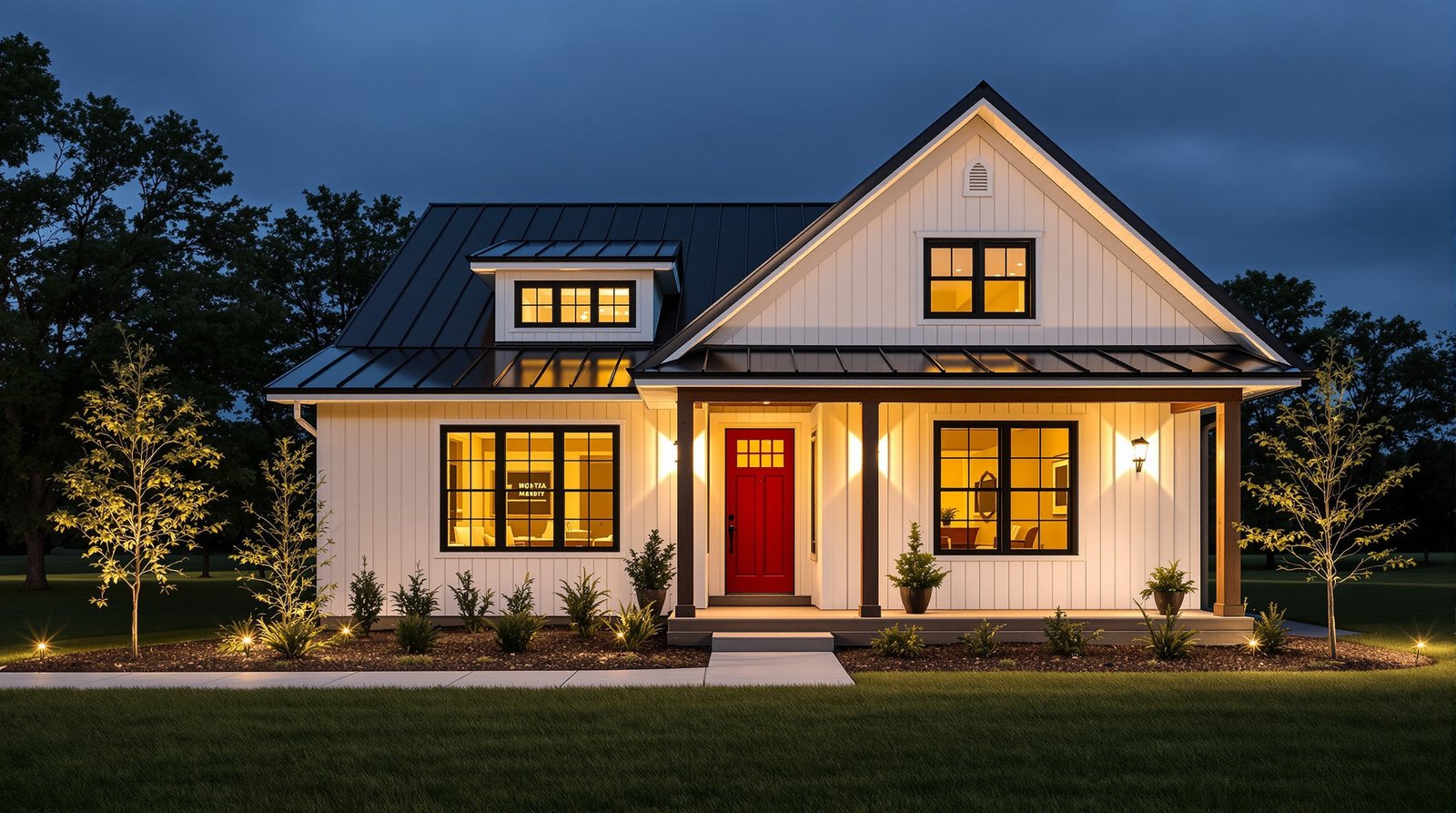 Iowa ADU exterior at twilight, warm interior light glowing