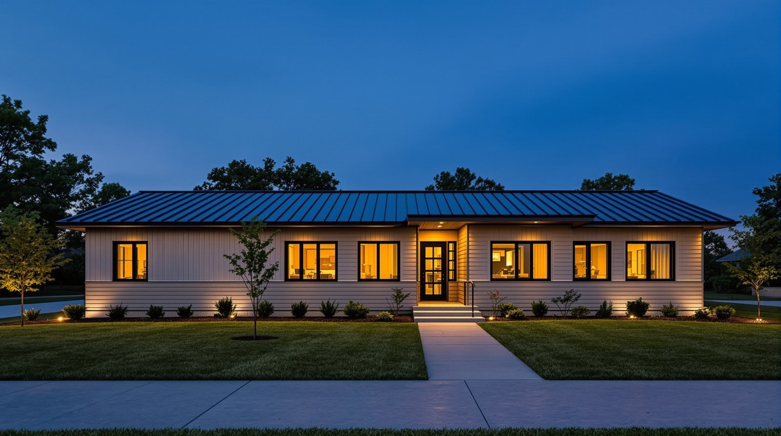 Kansas ADU exterior at twilight, warm interior light glowing