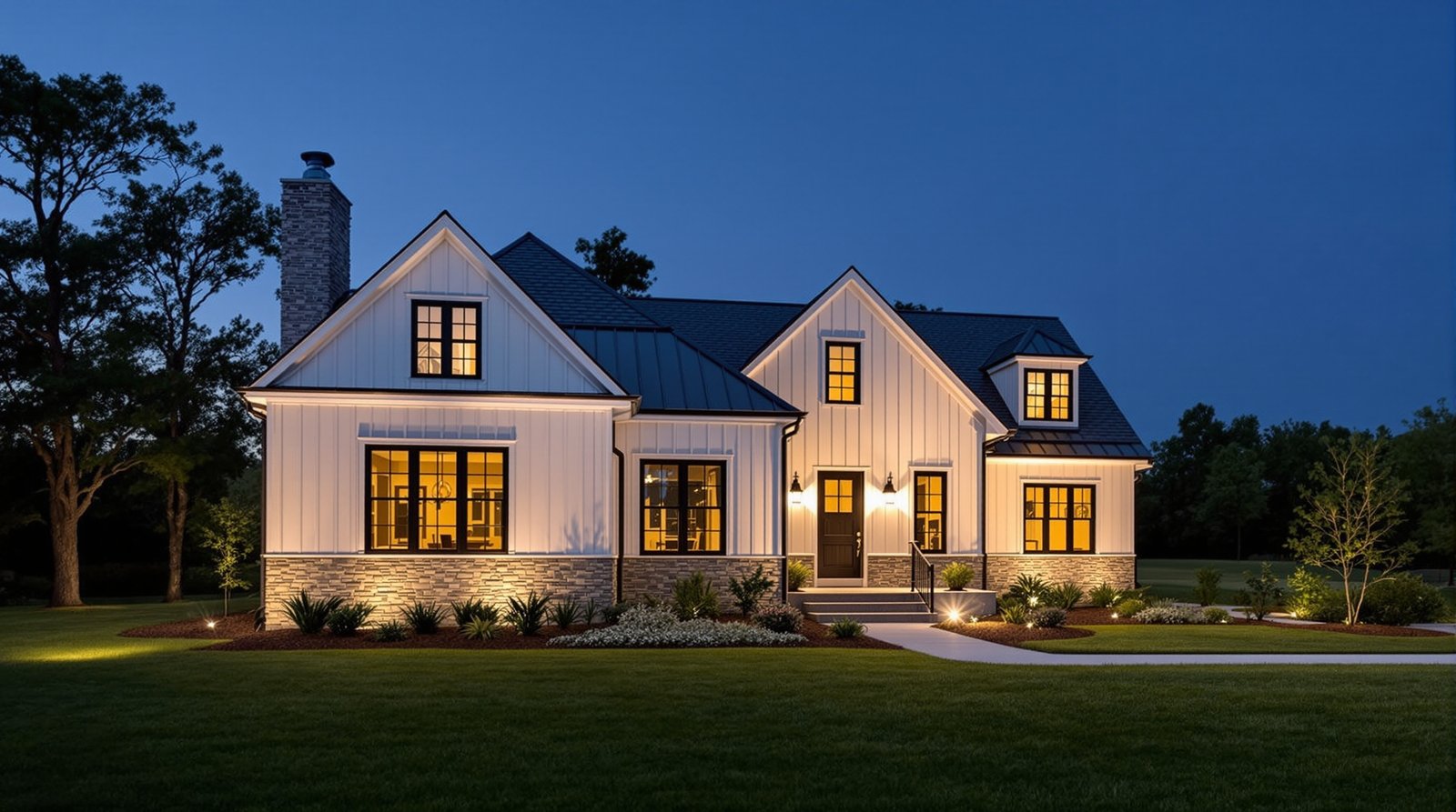 Kentucky ADU exterior at twilight, warm interior light glowing
