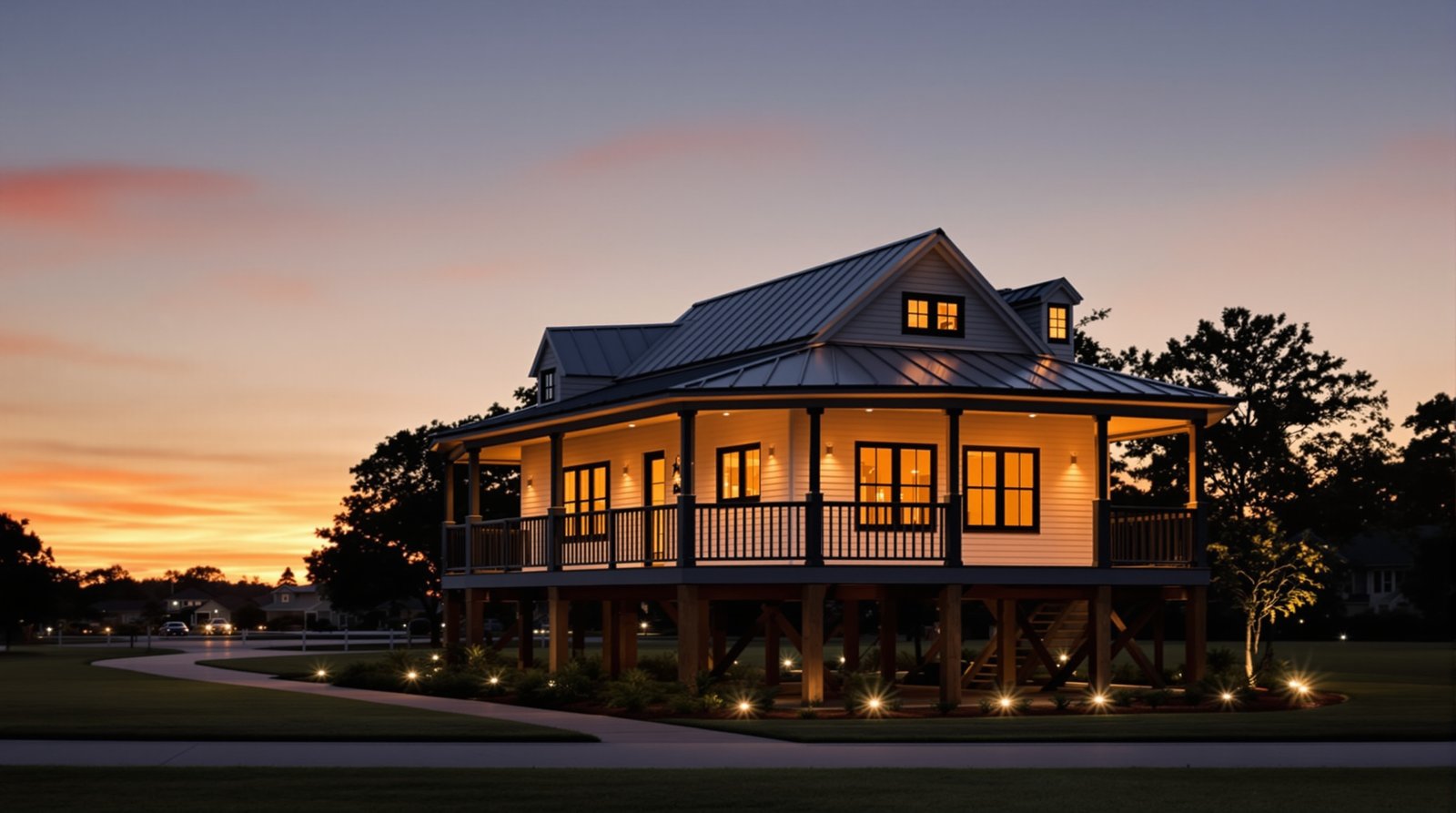 Louisiana ADU exterior at twilight, warm interior light glowing