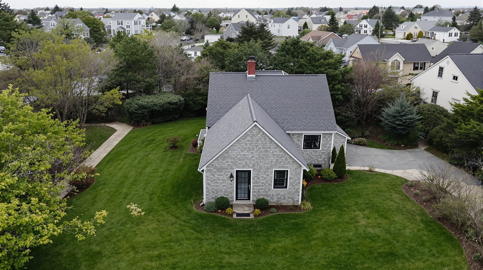 Aerial view of Maine property with backyard ADU