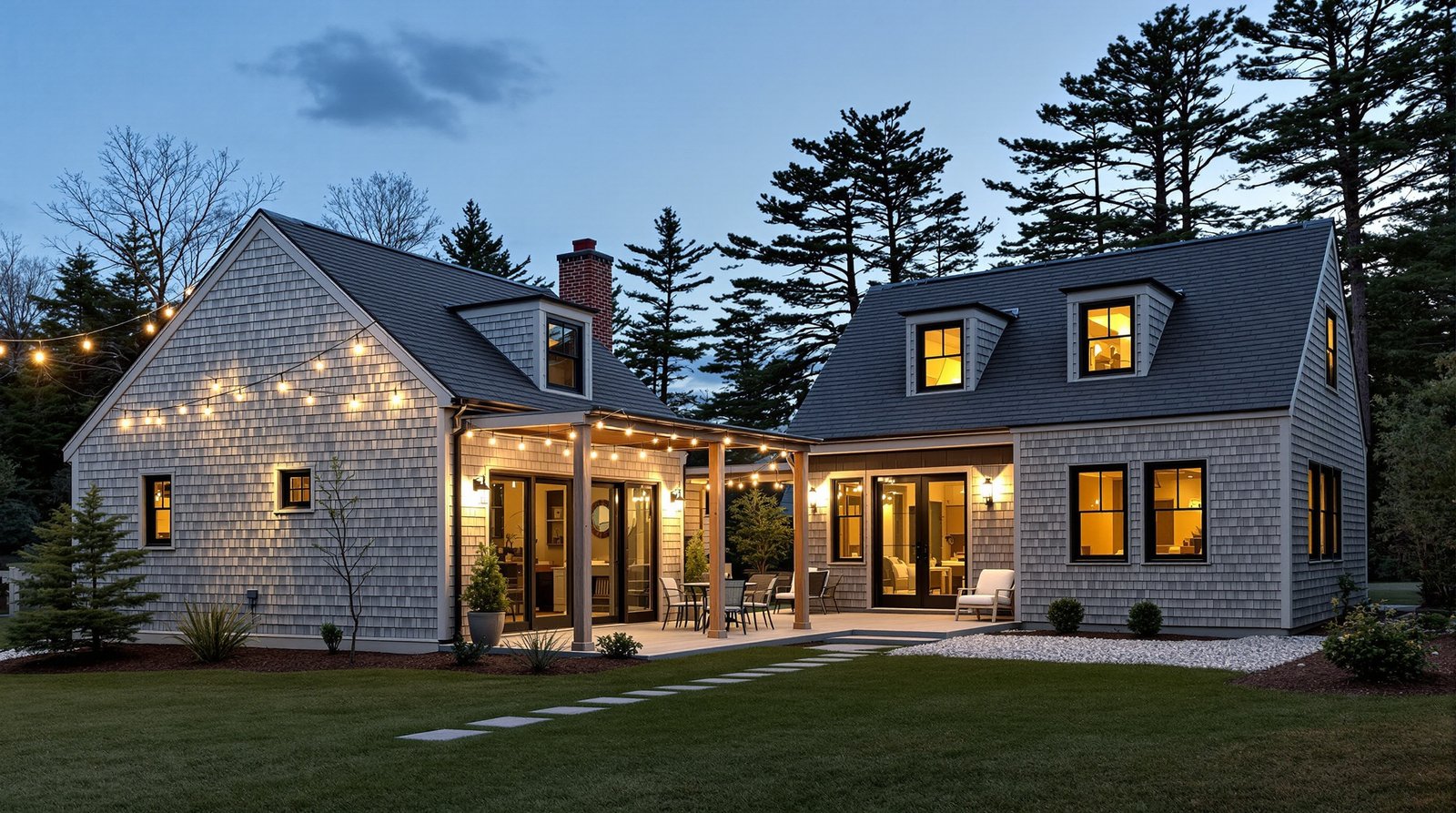 Maine ADU and main house evening backyard view