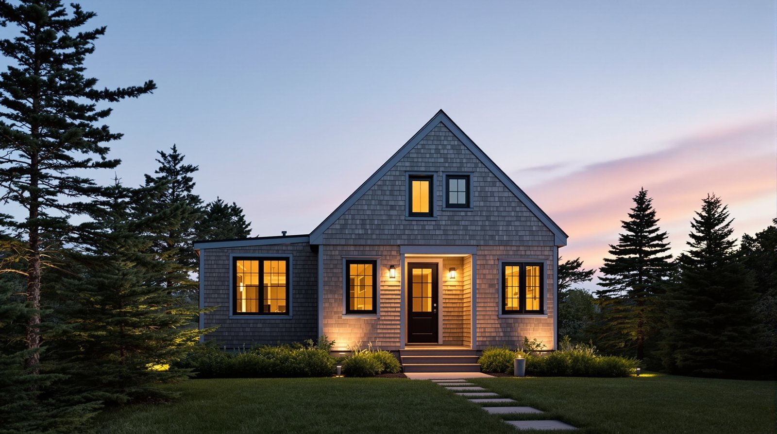 Maine ADU exterior at twilight, warm interior light glowing