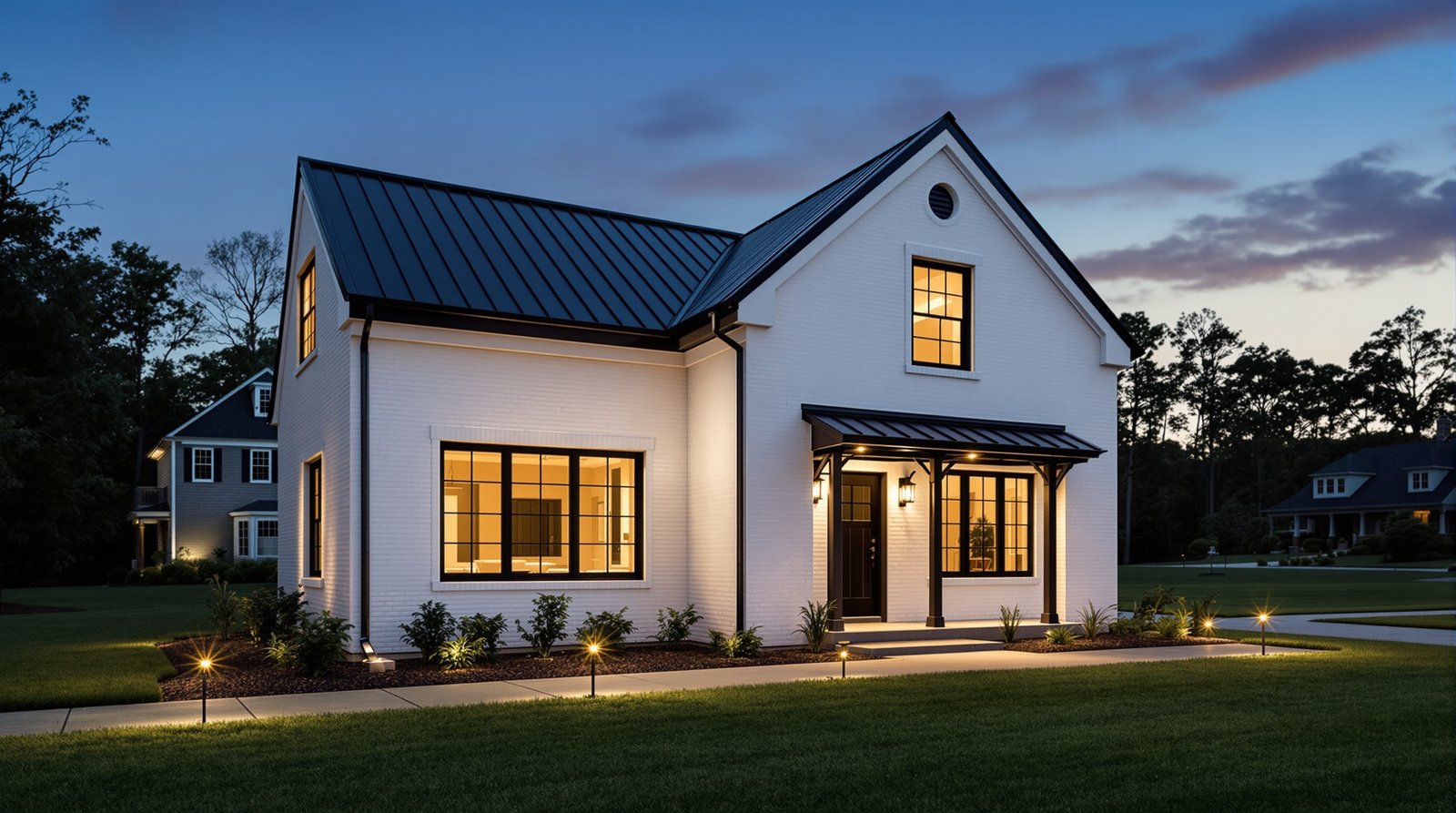 Maryland ADU exterior at twilight, warm interior light glowing
