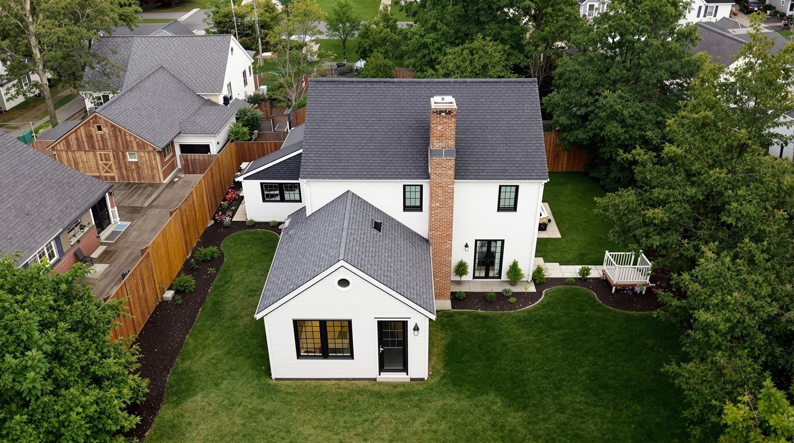 Aerial view of Massachusetts property with backyard ADU