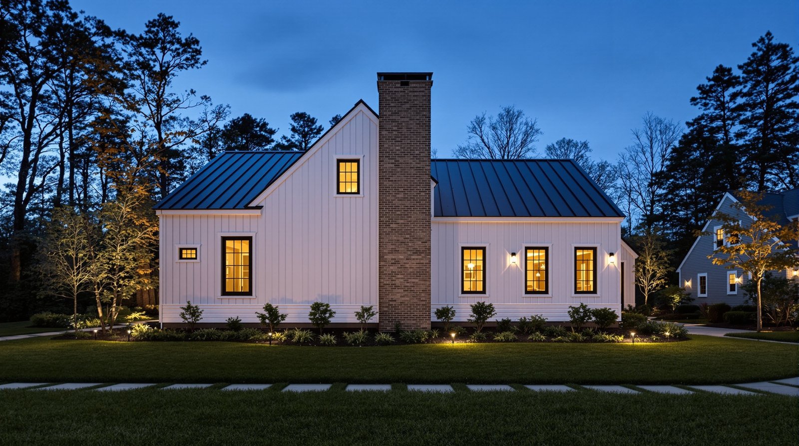 Massachusetts ADU exterior at twilight, warm interior light glowing