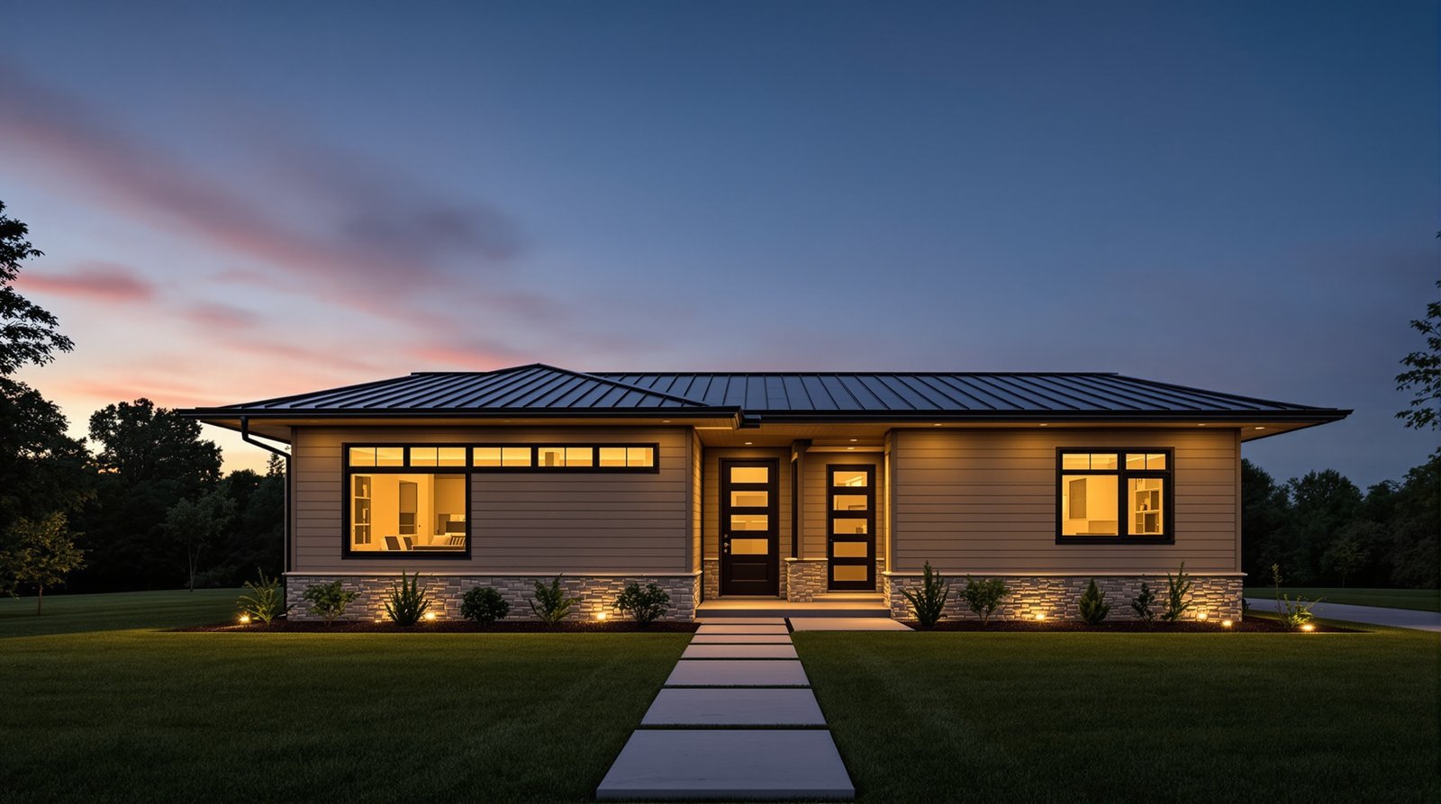 Michigan ADU exterior at twilight, warm interior light glowing