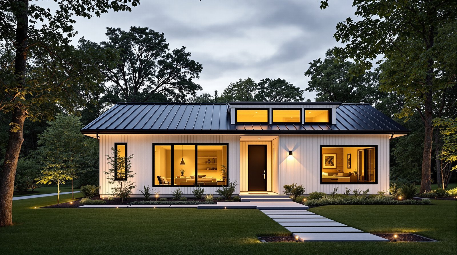 Minnesota ADU exterior at twilight, warm interior light glowing