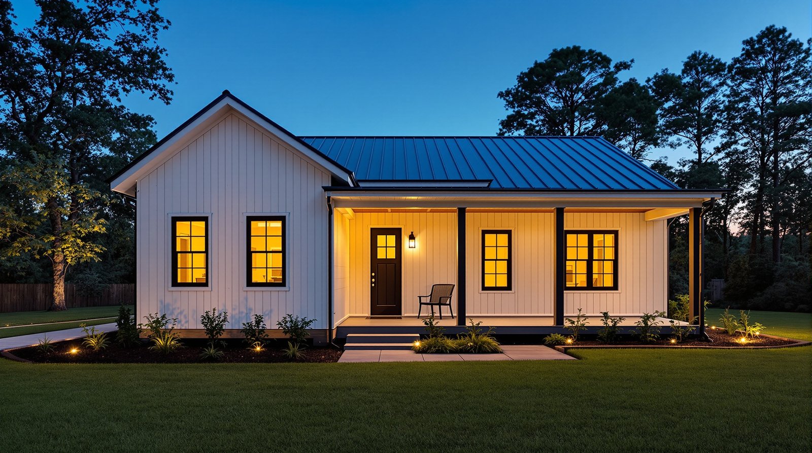 Mississippi ADU exterior at twilight, warm interior light glowing