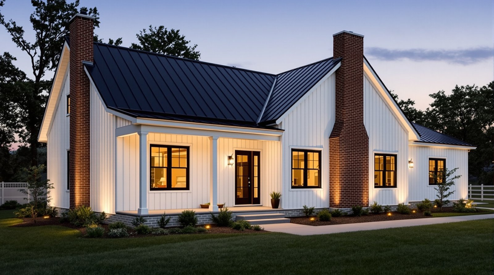 Missouri ADU exterior at twilight, warm interior light glowing