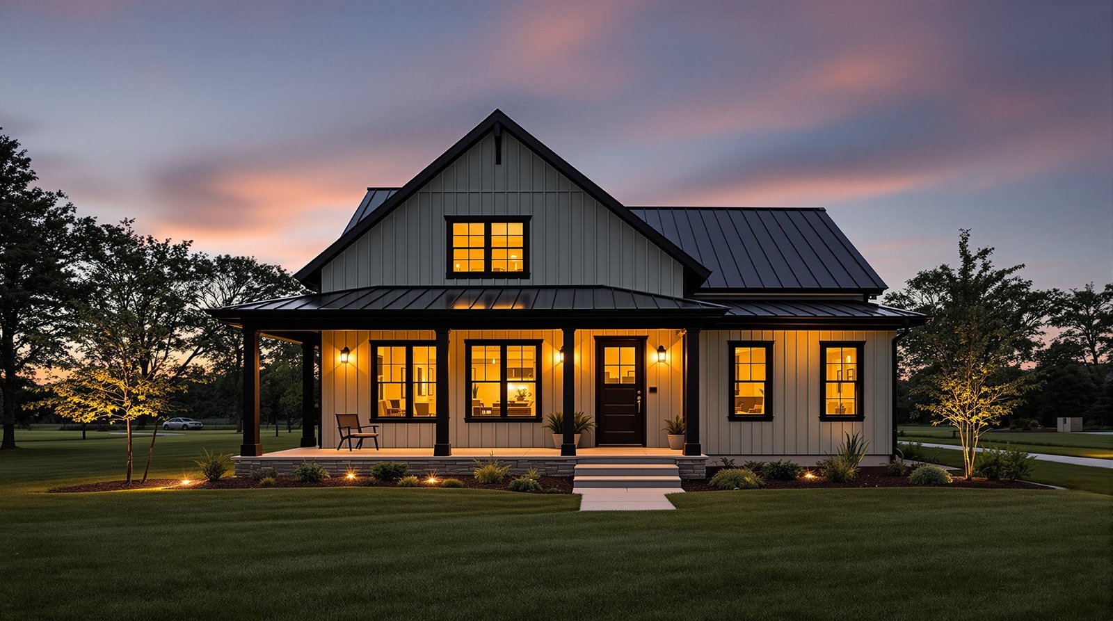 Nebraska ADU exterior at twilight, warm interior light glowing