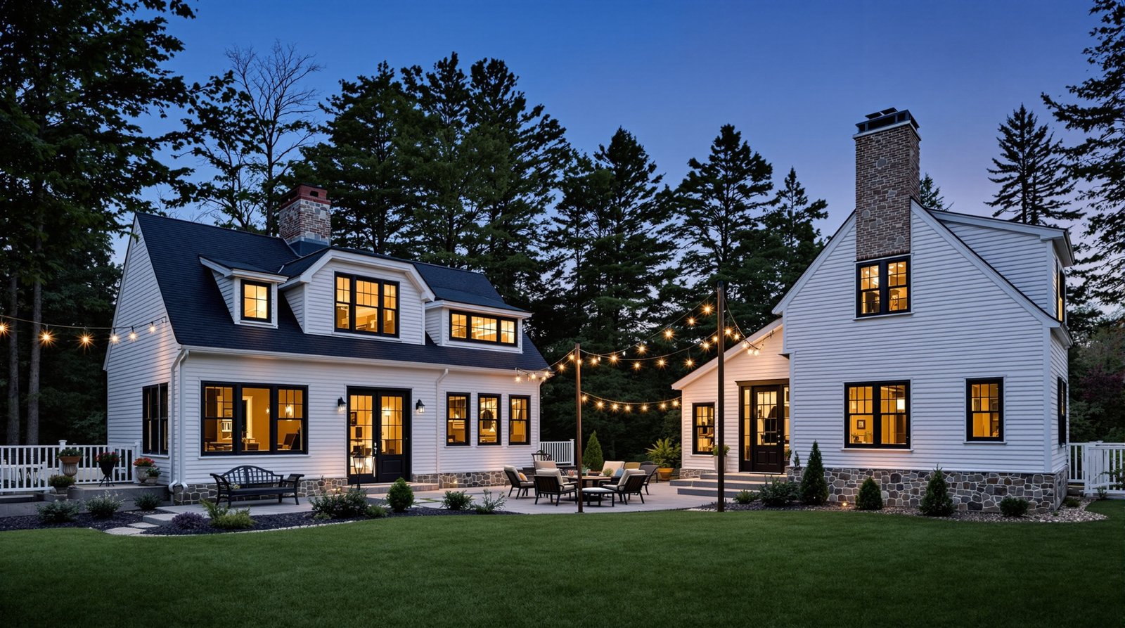 New Hampshire ADU and main house evening backyard view