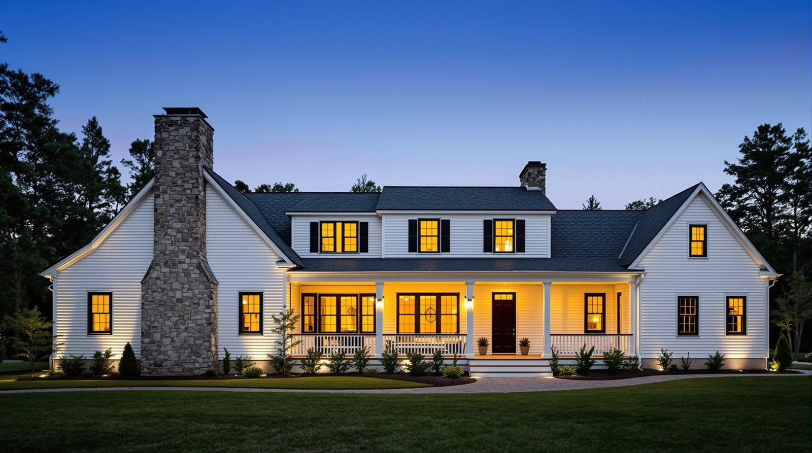 New Hampshire ADU exterior at twilight, warm interior light glowing