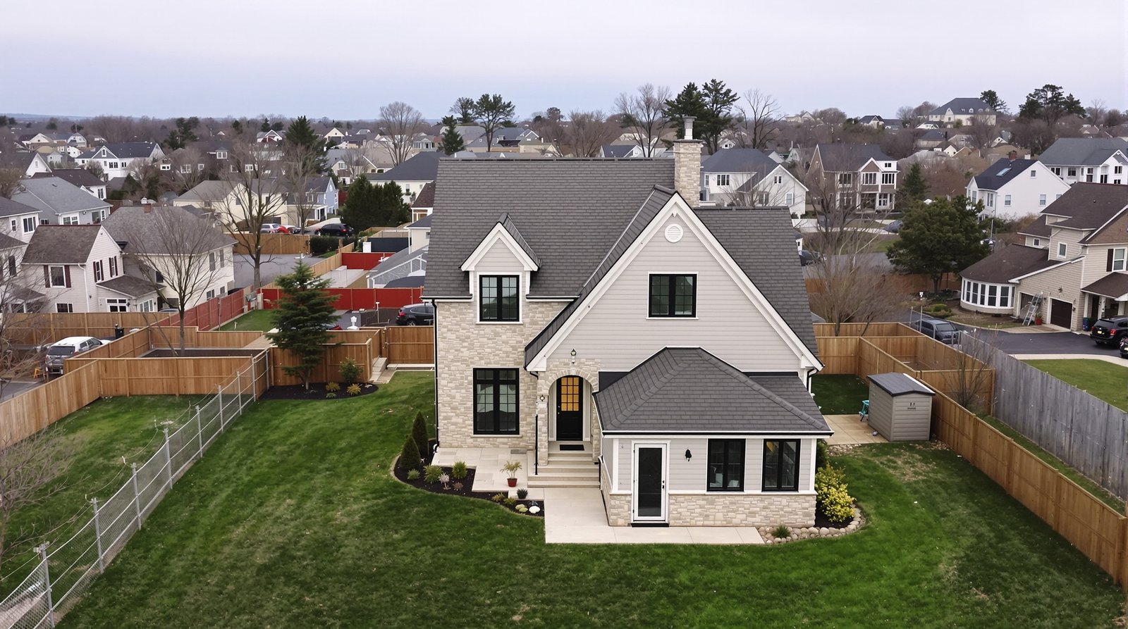 Aerial view of New Jersey property with backyard ADU