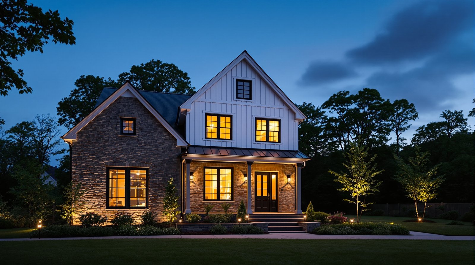 New Jersey ADU exterior at twilight, warm interior light glowing