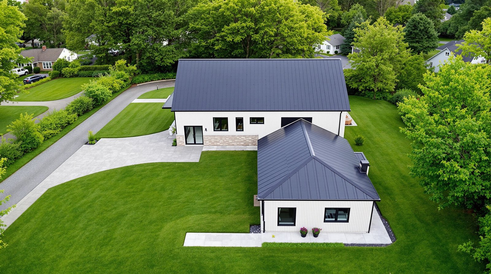 Aerial view of New York property with backyard ADU