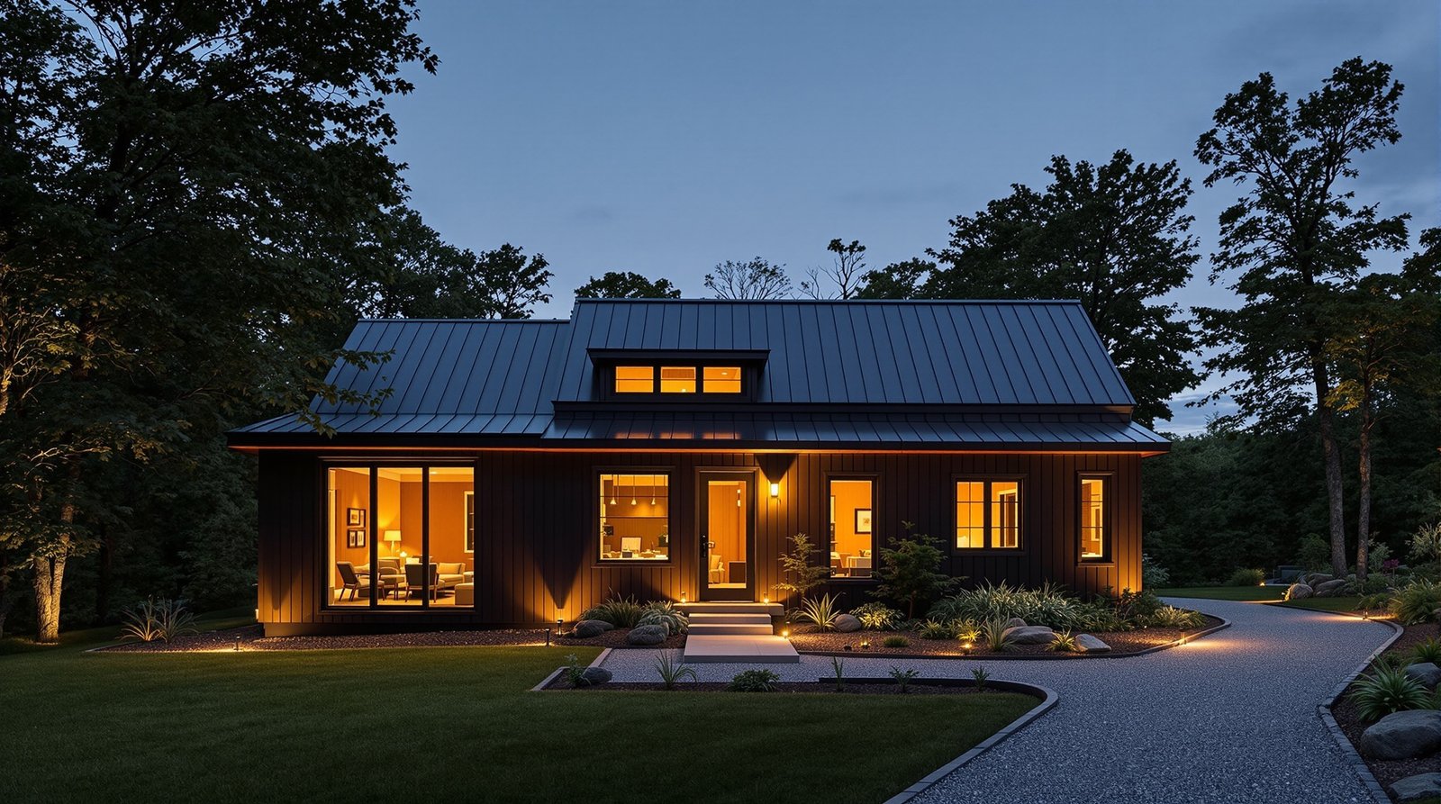 New York ADU exterior at twilight, warm interior light glowing
