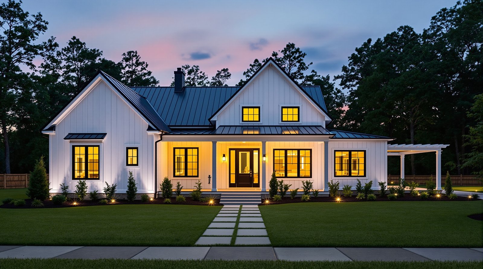 North Carolina ADU exterior at twilight, warm interior light glowing