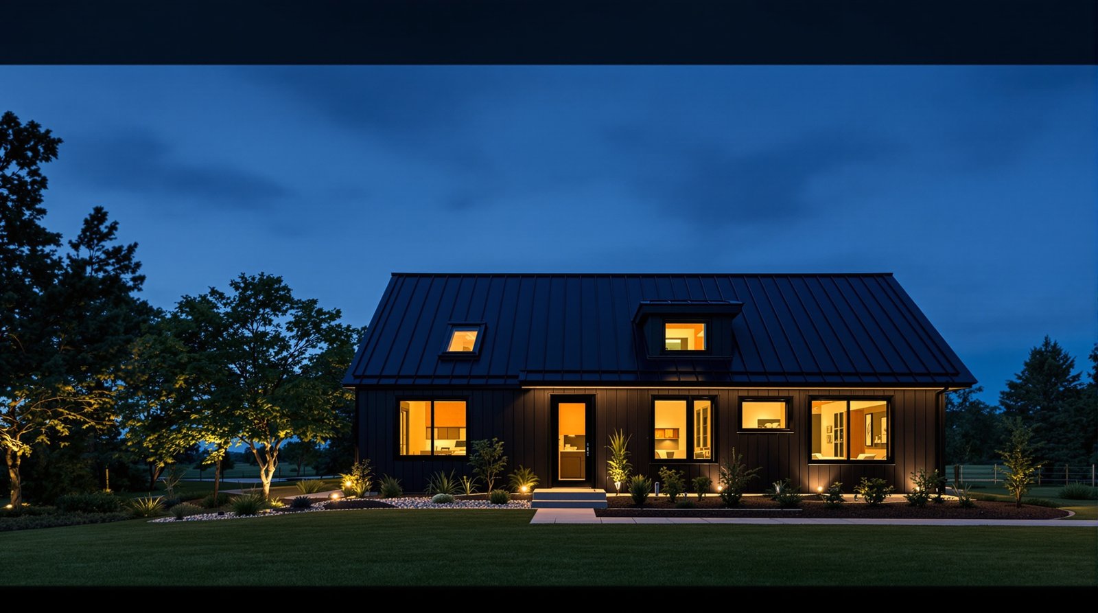 North Dakota ADU exterior at twilight, warm interior light glowing