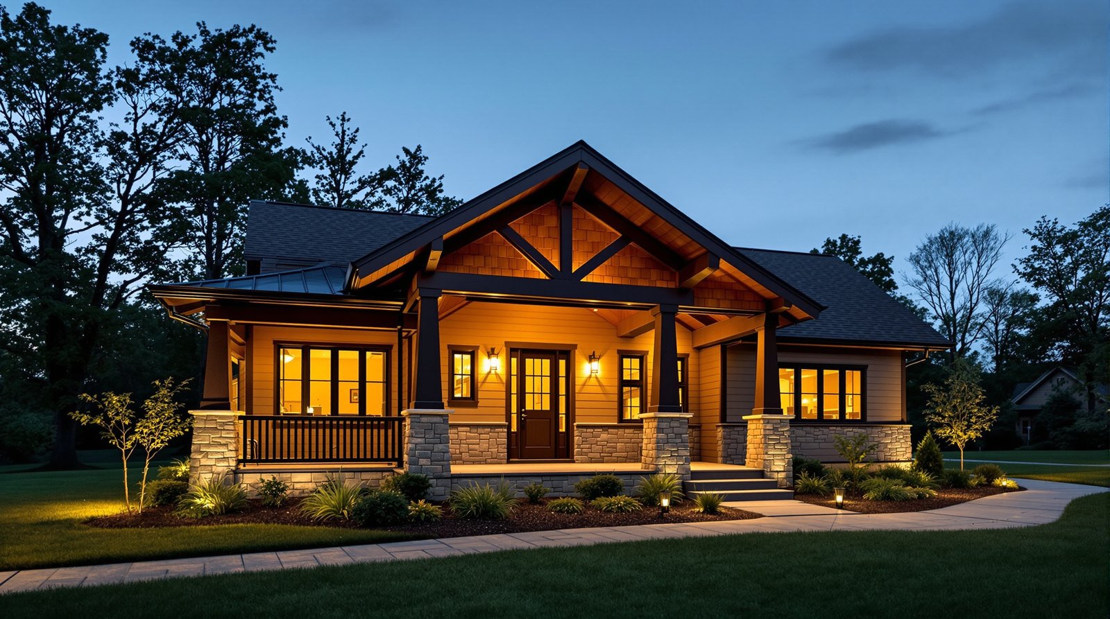 Ohio ADU exterior at twilight, warm interior light glowing