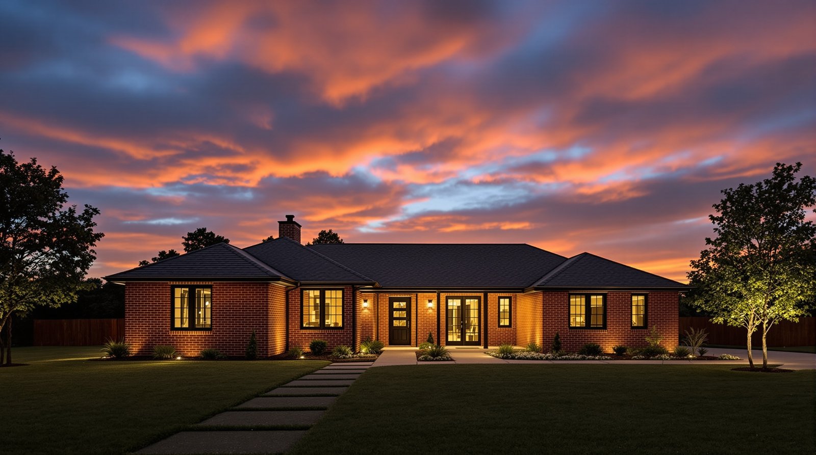 Oklahoma ADU exterior at twilight, warm interior light glowing