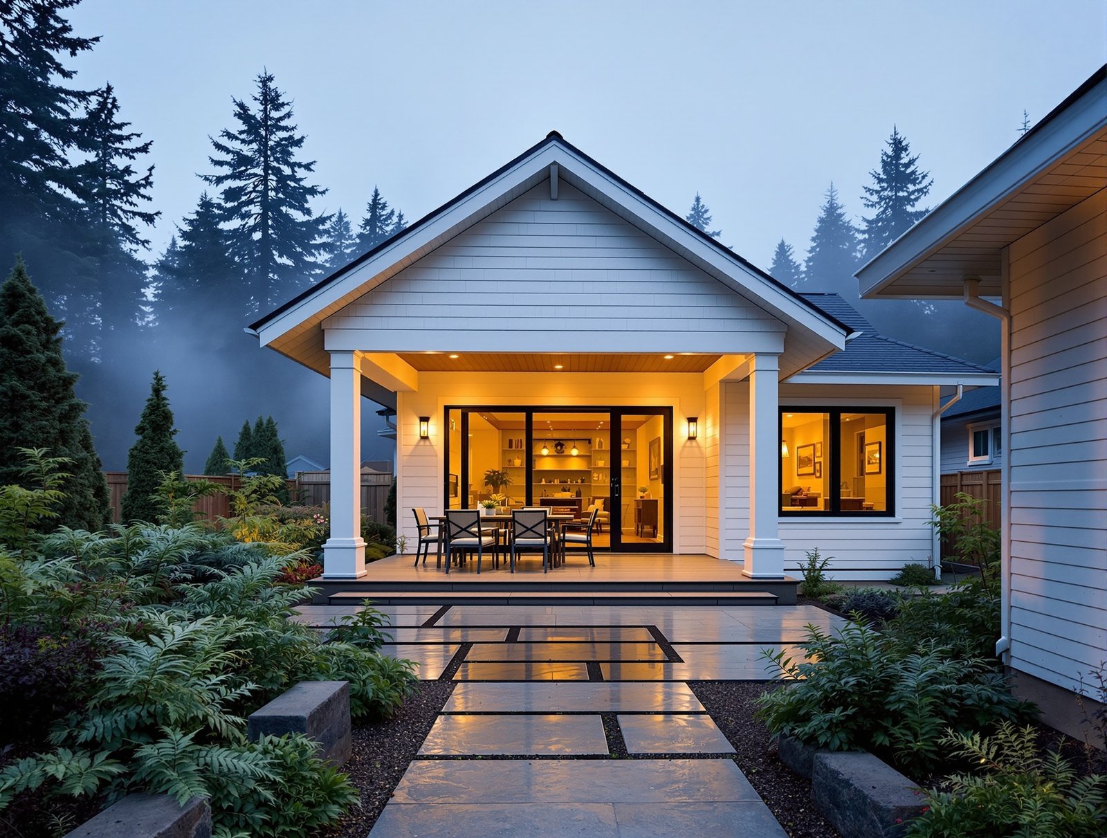 Oregon ADU and main house evening backyard view
